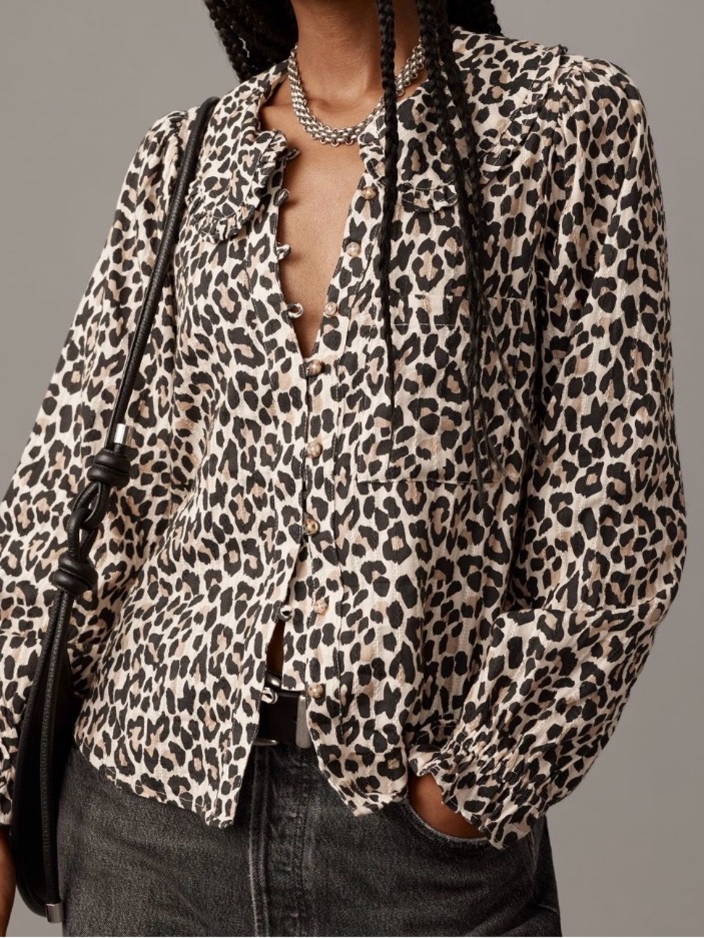 Pilcro Leopard Print Long-Sleeve Button Front Blouse - Cream & Black